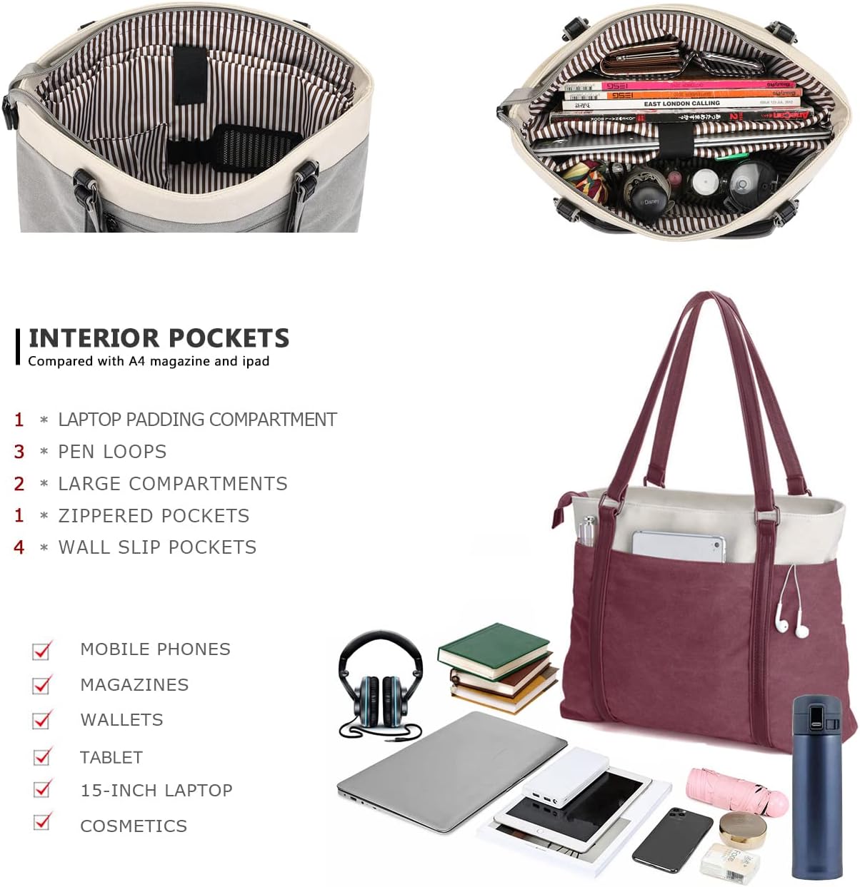 Women Laptop Tote Bag for Work – Lightweight Splice Canvas 15.6 Inch Handbag Purse - VOTVO