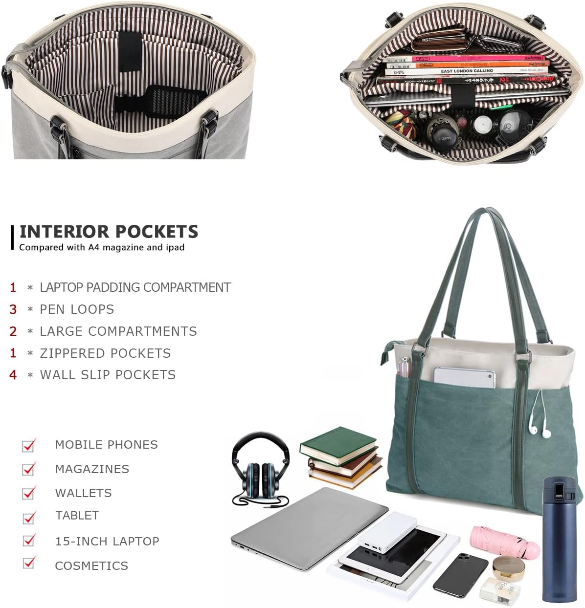 Women Laptop Tote Bag for Work – Lightweight Splice Canvas 15.6 Inch Handbag Purse - VOTVO