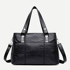 Triple Compartment Women’s Leather Tote Shoulder Handbag with Crossbody Strap