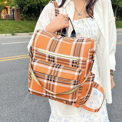 Women’s Plaid Leather Backpack – Multifunctional Daypack with Shoulder Strap