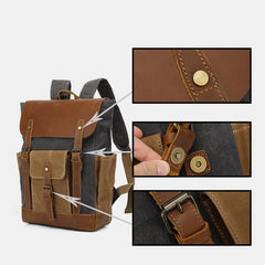 Vintage Canvas Backpack with Genuine Leather Accents – Casual Laptop Travel Rucksack for Men & Women - VOTVO
