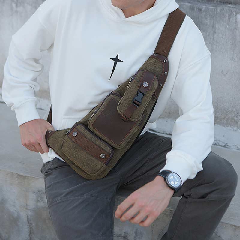 Vintage Canvas Sling Bag for Men - Black & Saddle Brown Crossbody Business Bag - VOTVO