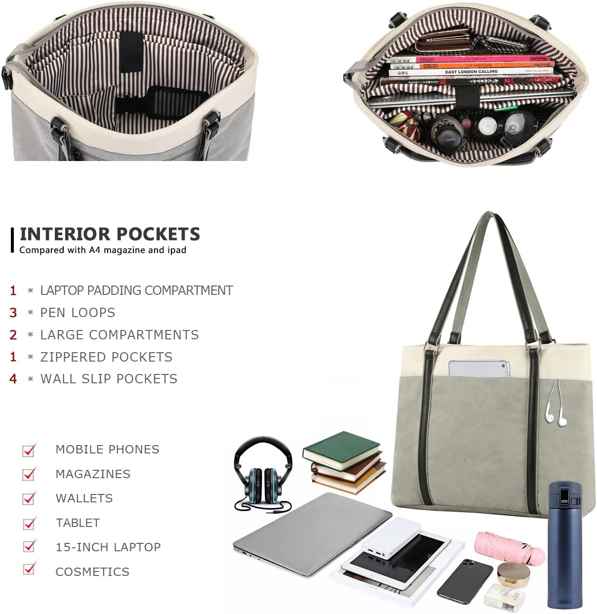 Women Laptop Tote Bag for Work – Lightweight Splice Canvas 15.6 Inch Handbag Purse - VOTVO