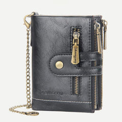 Trifold Leather Wallet for Men with Coin Purse, Snap Zip Closure & Chain – PU Leather, 12 Card Slots