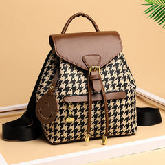Women's Mini Backpack Purse with Houndstooth Print – Flap Daypack Leather Shoulder Bag