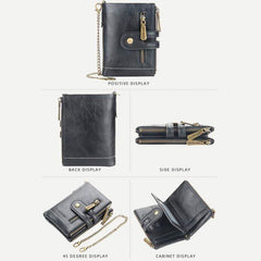 Trifold Leather Wallet for Men with Coin Purse, Snap Zip Closure & Chain – PU Leather, 12 Card Slots
