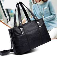 Triple Compartment Women’s Leather Tote Shoulder Handbag with Crossbody Strap