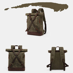 Unisxe Leather Canvas Waxed Backpack Travel Rucksack Waterproof Laptop Bag - VOTVO