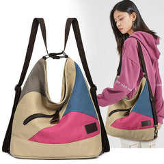 Women's Color Block Canvas Backpack – Tote Shoulder Hobo Bag Rucksack