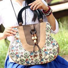 Top-Handle Bag for Women - Ethnic Style Printed Canvas Handbag
