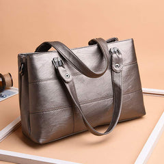 Triple Compartment Women’s Leather Tote Shoulder Handbag with Crossbody Strap
