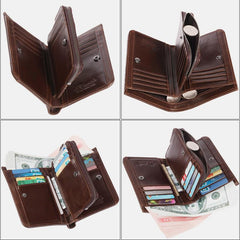 RFID Large Capacity Bifold Wallet for Men – Retro Genuine Leather with 20 Card Slots & Zipper Pockets - VOTVO