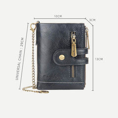 Trifold Leather Wallet for Men with Coin Purse, Snap Zip Closure & Chain – PU Leather, 12 Card Slots