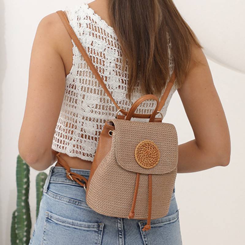 Women’s Straw Backpack – Summer Beach Woven Drawstring Handbag - VOTVO