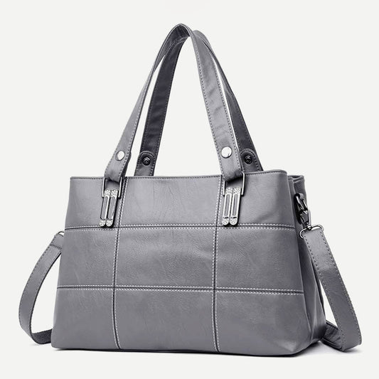 Triple Compartment Women’s Leather Tote Shoulder Handbag with Crossbody Strap