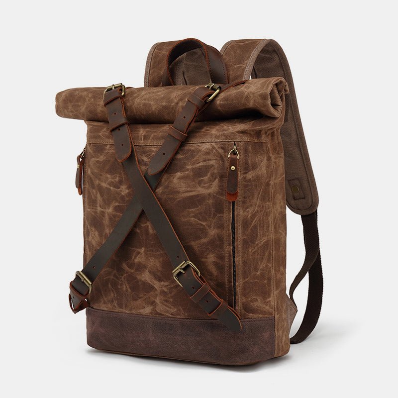 Unisxe Leather Canvas Waxed Backpack Travel Rucksack Waterproof Laptop Bag - VOTVO