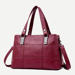Triple Compartment Women’s Leather Tote Shoulder Handbag with Crossbody Strap