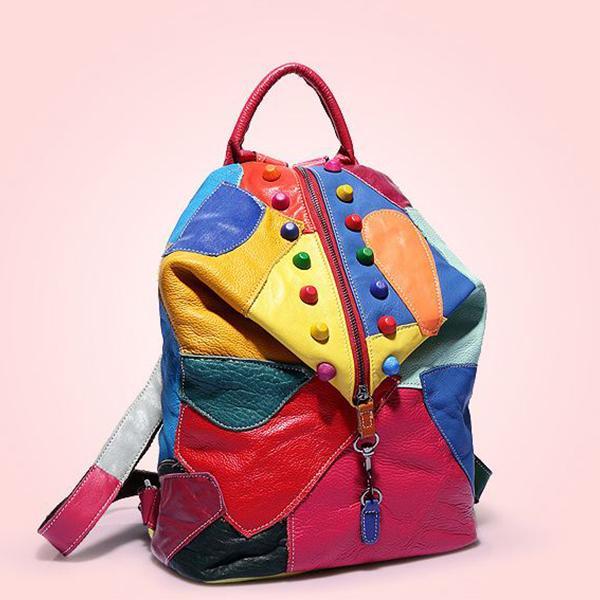 Women's Genuine Leather Splice Rivet Backpack - Stylish & Durable Shoulder Bag for School, Travel, & Daily Use - VOTVO