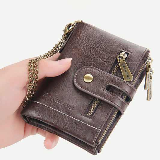 Trifold Leather Wallet for Men with Coin Purse, Snap Zip Closure & Chain – PU Leather, 12 Card Slots