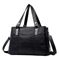 Triple Compartment Women’s Leather Tote Shoulder Handbag with Crossbody Strap