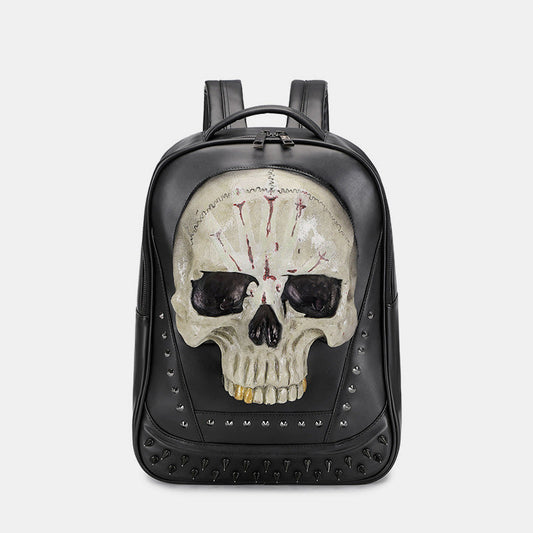 3D-Leder-Totenkopf-Laptop-Rucksack – Steampunk-Nieten-Reise- und College-Tasche