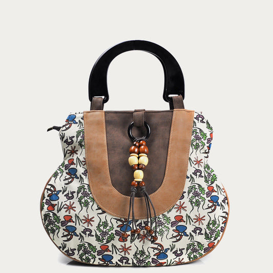 Top-Handle Bag for Women - Ethnic Style Printed Canvas Handbag