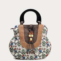 Top-Handle Bag for Women - Ethnic Style Printed Canvas Handbag