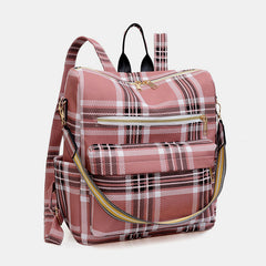 Women’s Plaid Leather Backpack – Multifunctional Daypack with Shoulder Strap