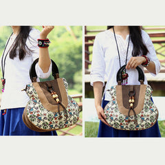 Top-Handle Bag for Women - Ethnic Style Printed Canvas Handbag