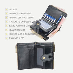 Trifold Leather Wallet for Men with Coin Purse, Snap Zip Closure & Chain – PU Leather, 12 Card Slots