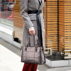 Triple Compartment Women’s Leather Tote Shoulder Handbag with Crossbody Strap