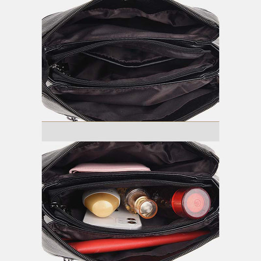 Triple Compartment Leather Handbag for Women Small Casual Crossbody Shoulder Bag