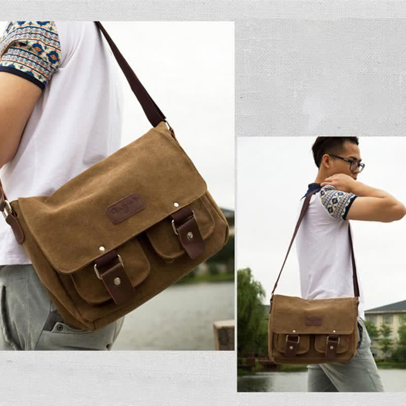 Bolso bandolera de lona para hombre: bandolera vintage multibolsillos