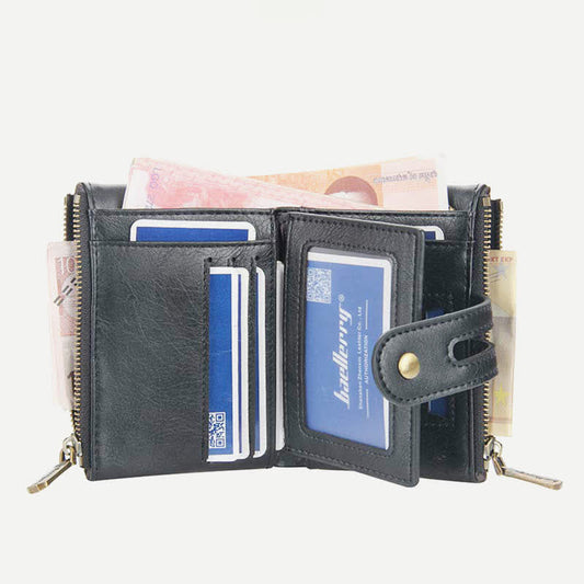 Trifold Leather Wallet for Men with Coin Purse, Snap Zip Closure & Chain – PU Leather, 12 Card Slots