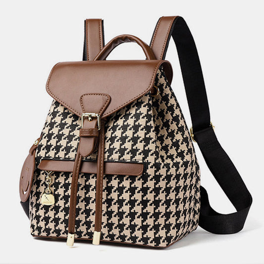 Women's Mini Backpack Purse with Houndstooth Print – Flap Daypack Leather Shoulder Bag
