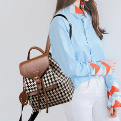 Women's Mini Backpack Purse with Houndstooth Print – Flap Daypack Leather Shoulder Bag
