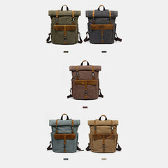 Unisex Canvas & Leather Hiking Travel Backpack – Durable Rucksack School Bag Daypack
