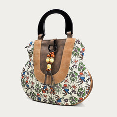 Top-Handle Bag for Women - Ethnic Style Printed Canvas Handbag