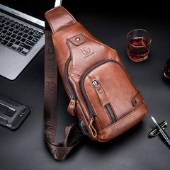 USB Charging Real Leather Sling Bag for Men – Crossbody Shoulder Bag with Adjustable Straps