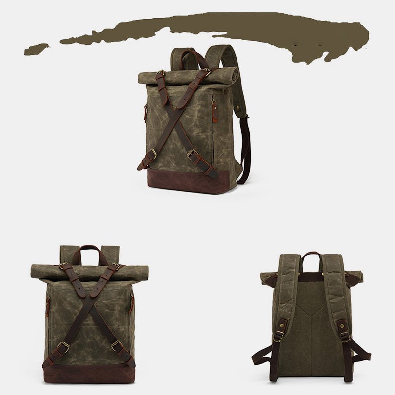 Unisxe Leather Canvas Waxed Backpack Travel Rucksack Waterproof Laptop Bag - VOTVO