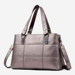 Triple Compartment Women’s Leather Tote Shoulder Handbag with Crossbody Strap