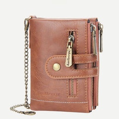 Trifold Leather Wallet for Men with Coin Purse, Snap Zip Closure & Chain – PU Leather, 12 Card Slots