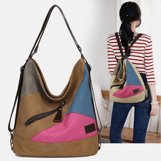 Women's Color Block Canvas Backpack – Tote Shoulder Hobo Bag Rucksack