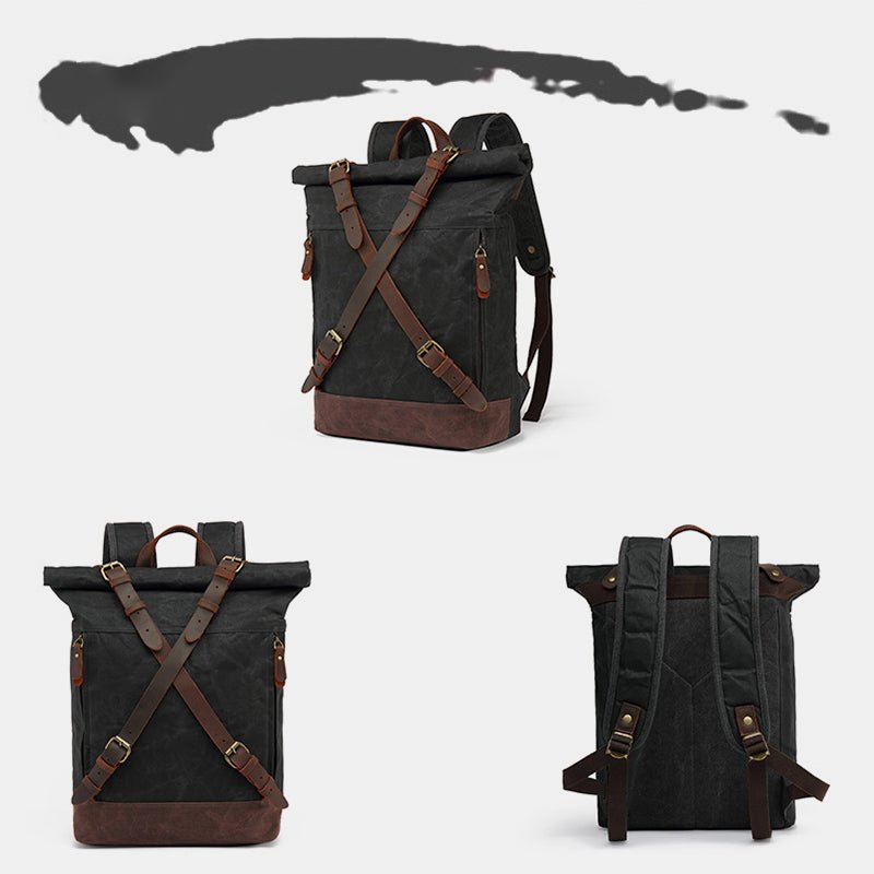 Unisxe Leather Canvas Waxed Backpack Travel Rucksack Waterproof Laptop Bag - VOTVO
