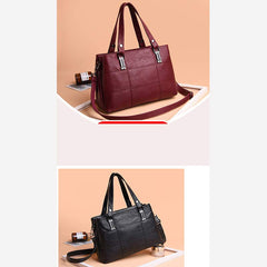 Triple Compartment Women’s Leather Tote Shoulder Handbag with Crossbody Strap