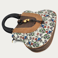 Top-Handle Bag for Women - Ethnic Style Printed Canvas Handbag
