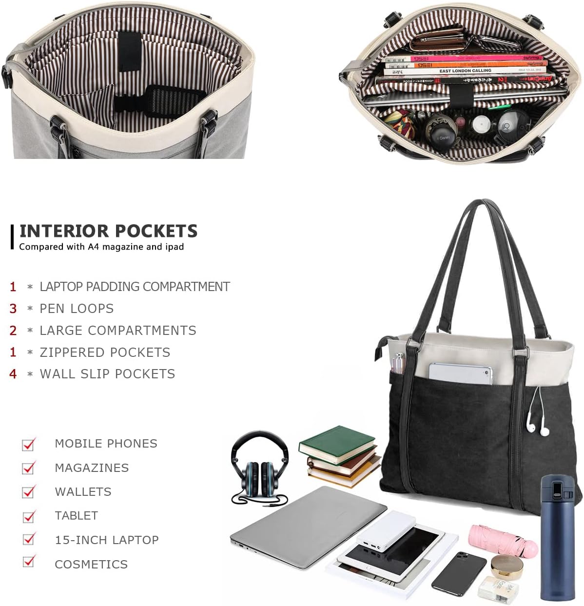 Women Laptop Tote Bag for Work – Lightweight Splice Canvas 15.6 Inch Handbag Purse - VOTVO