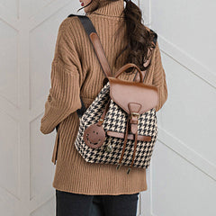 Women's Mini Backpack Purse with Houndstooth Print – Flap Daypack Leather Shoulder Bag