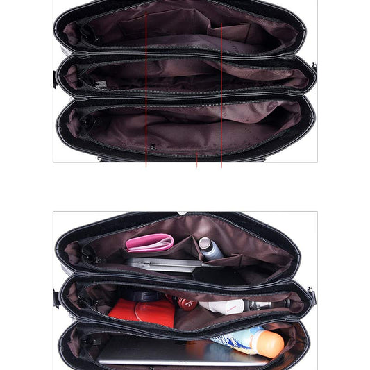 Triple Compartment Women’s Leather Tote Shoulder Handbag with Crossbody Strap