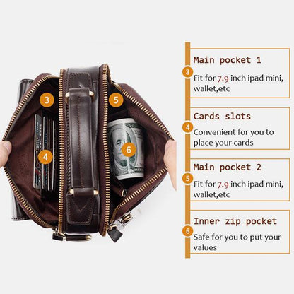 Borsa a tracolla casual vintage in vera pelle per uomo - Tracolla regolabile e tasche multiple